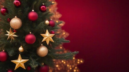 Obraz premium Close-up of a Christmas tree decorated with red and gold ornaments, against a red background.