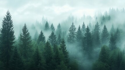 Fototapeta premium Misty pine forest offers a serene view, with towering trees shrouded in a veil of soft fog.