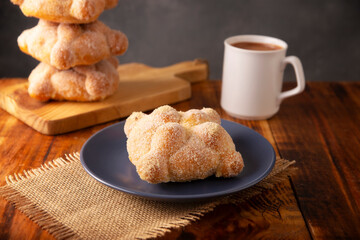 Pan de Muerto. Typical Mexican sweet bread that is consumed in the season of the day of the dead. It is a main element in the altars and offerings in the festivity of the day of the dead.