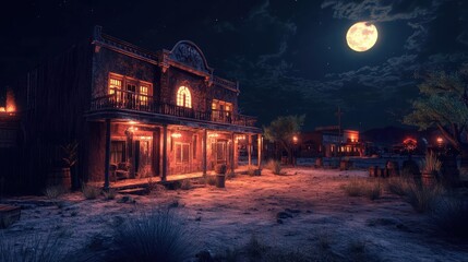 A captivating nighttime scene of a western town under a full moon, showcasing vintage architecture and a serene atmosphere.