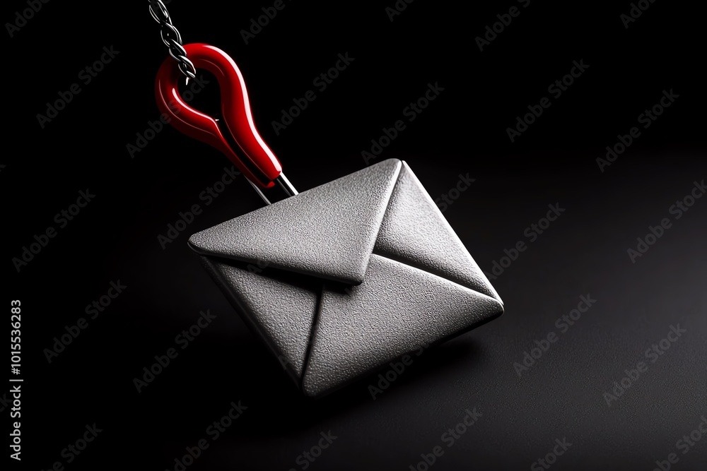 Poster Clean design showing an email envelope being hooked, representing phishing, with minimalist shadows and a bright red hook