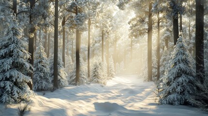 Snow-covered pine trees glisten in winter, with beautiful sunlight streaming through the branches.