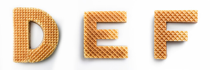 Letters D, E, F. Alphabet Made of Delicious and Crunchy Waffle Cookies.