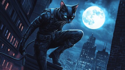 A mysterious cat figure dressed in a dark, fitted costume crouches on a rooftop, gazing over a vibrant cityscape illuminated by a luminous full moon that casts a dramatic blue hue.