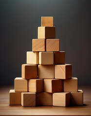 Obraz premium A close-up image of wooden cubes stacked in a pyramid formation, symbolizing business growth, strategy, and teamwork.