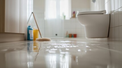 Water spills over a high-end toilet onto a glossy tiled floor in a sleek bathroom. Cleaning supplies and a mop highlight the plumbing emergency that needs immediate attention