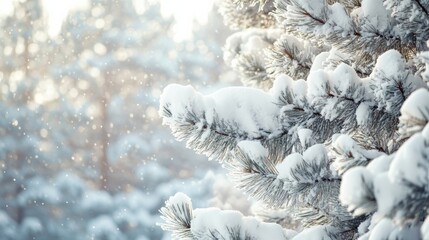 Snow-covered pine trees sparkle in the winter sun, creating a breathtaking winter wonderland.
