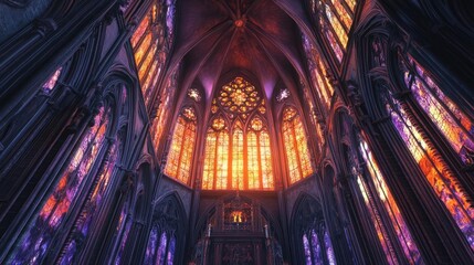 A stunning interior view of a cathedral showcasing vibrant stained glass windows and intricate architecture bathed in golden light.