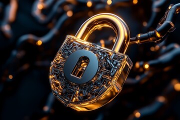 3D-rendered image of a digital padlock floating in a data stream, with intricate details of the data flow and lock mechanisms protecting sensitive information