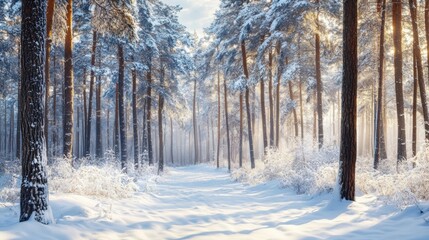 Snow-covered pine trees glisten in winter, with beautiful sunlight streaming through the branches.