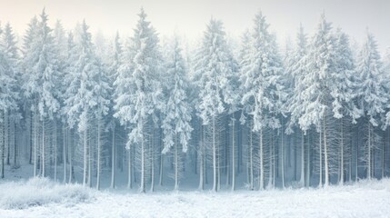 Fototapeta premium Snow-covered pine trees sparkle in the winter sun, creating a breathtaking winter wonderland.