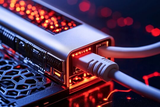 Close-up of a network cable being plugged into a secure server, representing the physical aspects of securing information systems