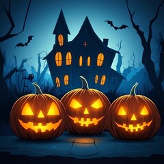 Spooky Halloween scene with glowing jack-o'-lanterns and a haunted house under a moonlit sky, creating an eerie festive atmosphere.