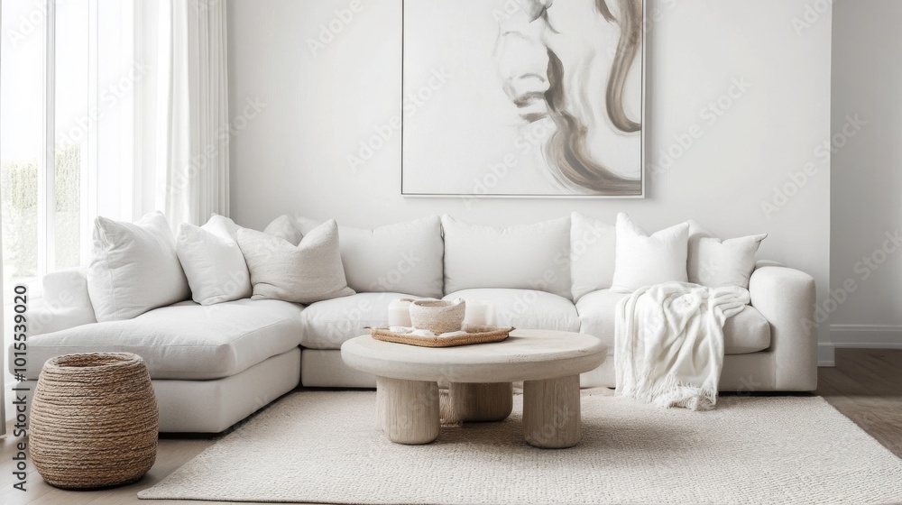 Aufkleber the image shows a living room with a white sectional sofa and a white throw blanket on the right sid