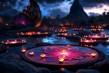 Fantasy scene of Diwali celebrations in a celestial realm where gods and goddesses descend to bless people, with glowing diyas and enchanted rangolis illuminating the scene