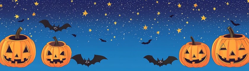Spooky Halloween night scene with carved pumpkins and flying bats under a starry sky, creating a festive and eerie atmosphere.