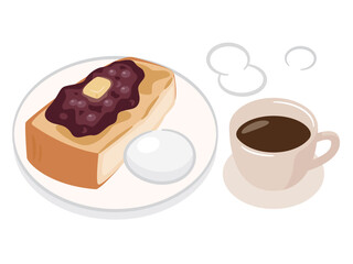 モーニングのイラスト ホットコーヒーと小倉トーストとゆで卵