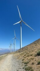 Wind turbines on a hillside under a clear blue sky.