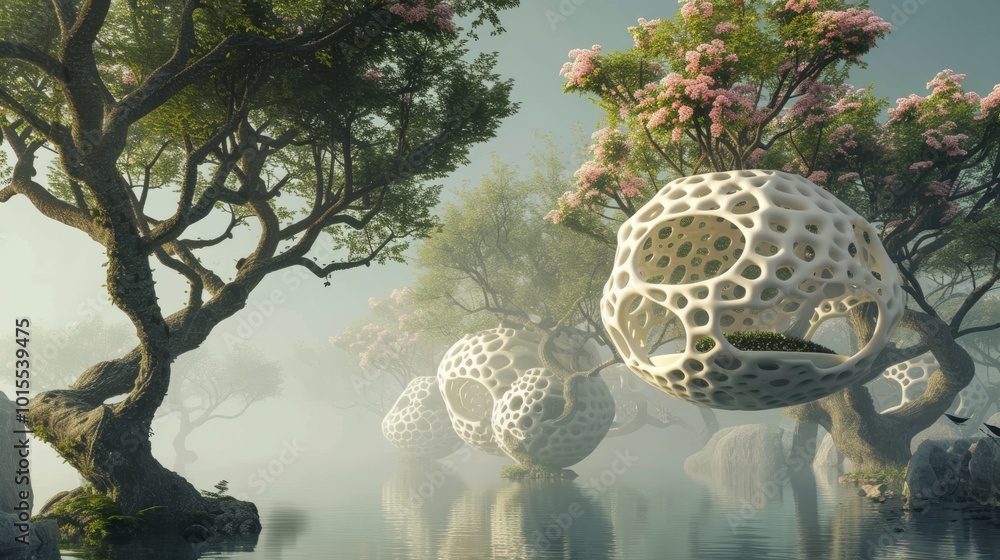 Poster a serene, futuristic landscape featuring trees with spherical, lattice-like hanging structures over 