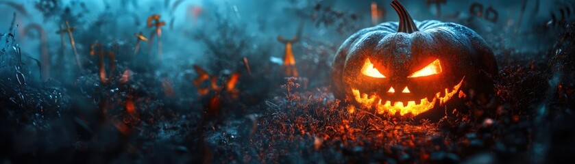 A glowing pumpkin with a spooky face, surrounded by a misty, atmospheric setting, perfect for Halloween-themed designs.
