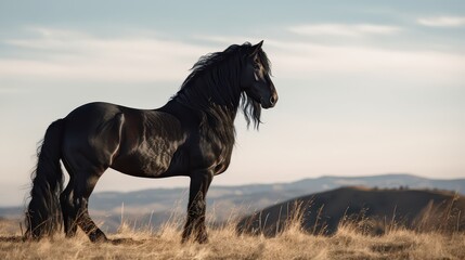 Fototapeta premium Majestic Black Horse in Sunlit Autumn Meadow