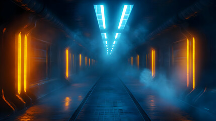 Futuristic Tunnel with Blue and Orange Neon Lights 3D Illustration