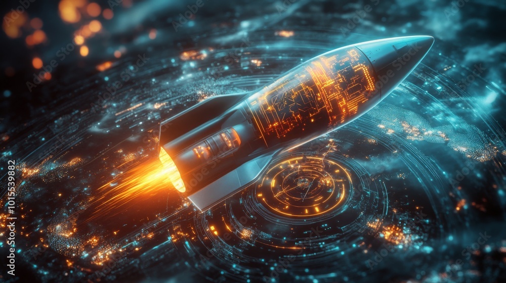 Aufkleber a sleek rocket launches from a glowing data vortex, surrounded by swirling cosmic elements and brigh