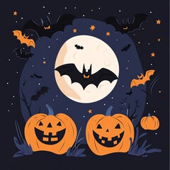 Spooky Halloween scene with carved pumpkins, flying bats, and a glowing full moon illuminating a dark night sky filled with stars.