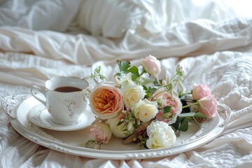 Romantic morning: floral arrangement and tea on elegant tray with soft bedding