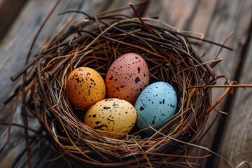 Fototapeta premium Vibrantly colored speckled eggs nestled in rustic bird's nest on wooden background