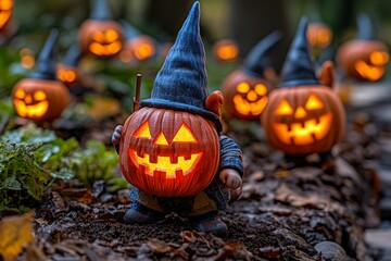 Futuristic scene of a gnome festival where 3D-printed jack-oâ€™-lanterns light up a Halloween parade, representing a modern twist on Halloween traditions