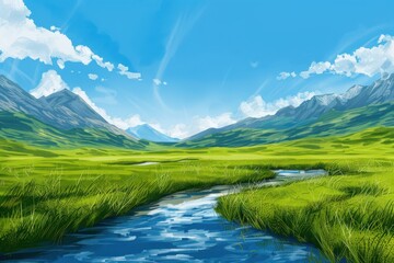 A long river runs through a grassy plain with mountains in the background. generative ai image