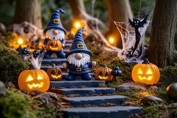Obraz premium Gnomes setting up a haunted forest walk for Halloween, with cobwebs, eerie lights, and spooky creatures decorating the path, symbolizing their playful interpretation of the holiday