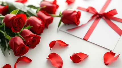 Romantic red roses and gift envelope with ribbon for special occasions