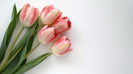 Fototapeta premium Elegant pink tulips on minimalist white background for spring decor