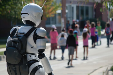 Obraz premium security robot is used to walk all the elementary school student kids to school safely 