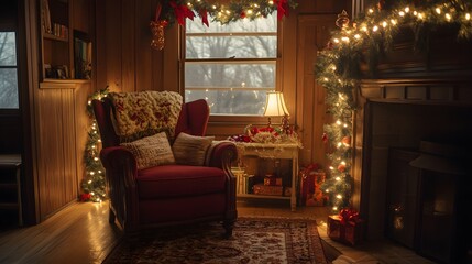 Obraz premium A charming corner featuring a comfy chair, festive garland, and glowing string lights, perfect for unwinding with a good book during the holiday season. 