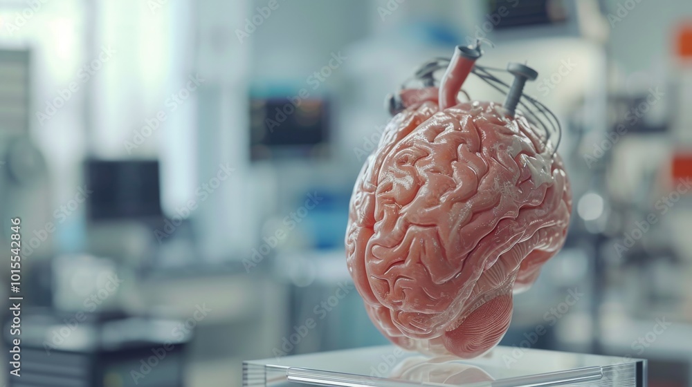 Poster a close-up of a detailed artificial brain model in a futuristic laboratory. the background is softly