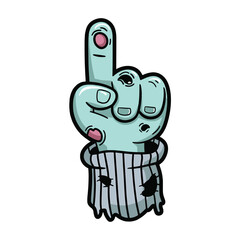 A cartoon illustration of a zombie hand with one finger pointing upwards against a white background.