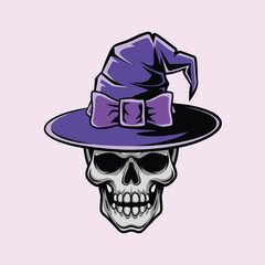 A cartoon skull wearing a purple witch's hat with a bow.