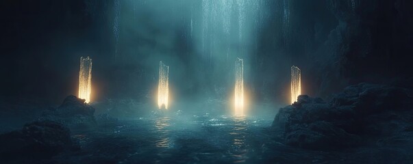 Fototapeta premium Mysterious glowing lights illuminate a serene underground cavern, creating an enchanting atmosphere of tranquility and wonder.