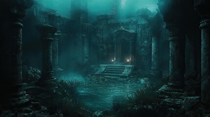 A mystical underwater temple with ancient pillars, shrouded in mystery and illuminated by distant torches, creating an enchanting atmosphere.