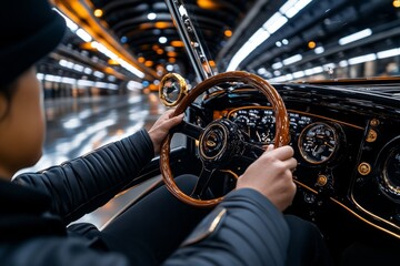 Hyper-realistic image of a person driving the first Model T car, capturing every detail of the vehicle and the achievement in automotive history