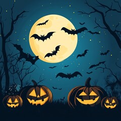 Fototapeta premium Spooky Halloween night scene with glowing pumpkins and flying bats under a full moon, capturing the eerie atmosphere of a haunted landscape.