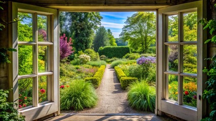 A Glimpse of Tranquility An Open Door Reveals a Serene Pathway Winding Through Lush Gardens, Bathed in the Warm Glow of Sunlight