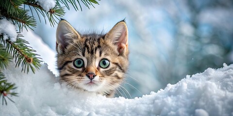 A Tabby Kitten Peering Through the Snow, Its Emerald Eyes Wide with Wonder, Beneath a Snowy Evergreen Branch