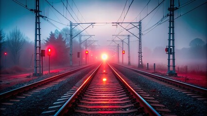 An ethereal glow illuminates the railway tracks, disappearing into the mist, the red warning lights casting an ominous shadow over the landscape.