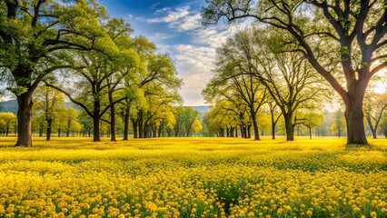 A golden field of wildflowers bathed in the warm light of the setting sun, framed by the majestic silhouettes of tall trees with emerald green foliage.