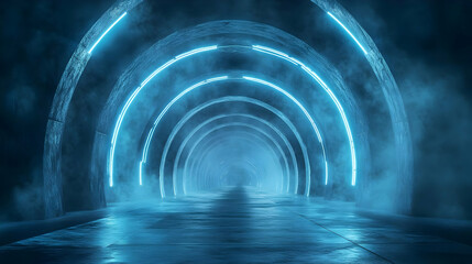 Abstract Blue Neon Arcs in a Futuristic Tunnel 3D Illustration
