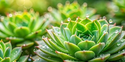 Fototapeta premium A close-up of a succulent plant with water droplets on its leaves, revealing a delicate and intricate design of nature.
